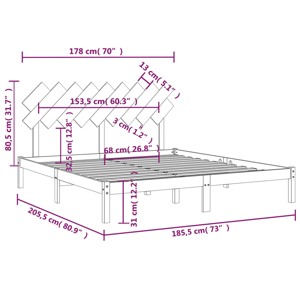 vidaXL Πλαίσιο Κρεβατιού 180 x 200 εκ. Μασίφ Ξύλο Super King Size