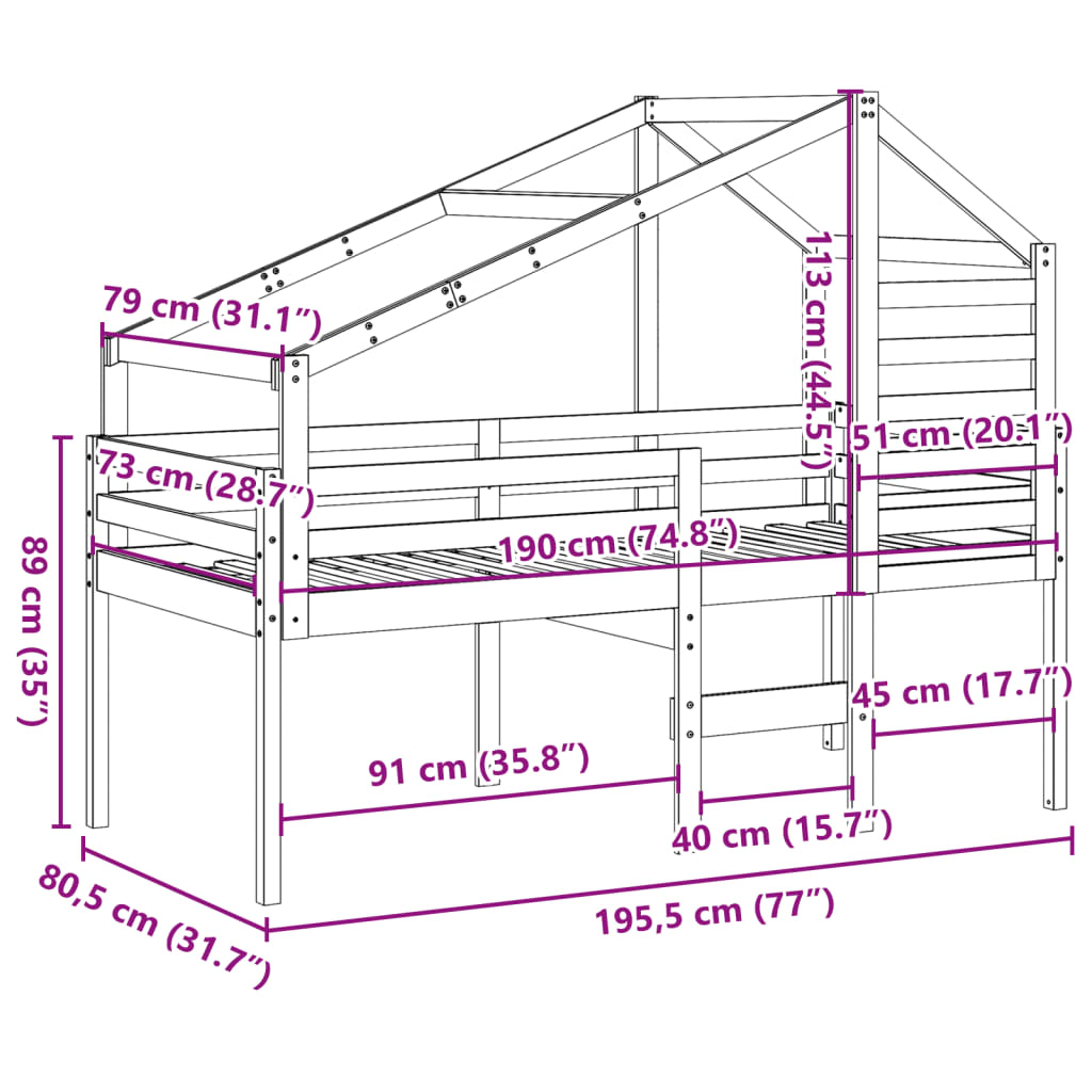 vidaXL Κρεβάτι Υπερυψωμένο με Οροφή 75x190εκ. από Μασίφ Ξύλο Πεύκου