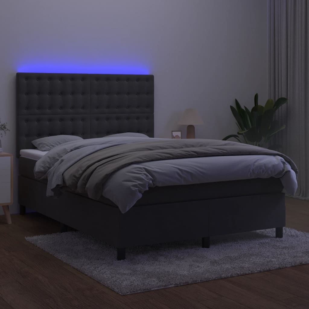 vidaXL Κρεβάτι Boxspring με Στρώμα & LED Σκ. Γκρι 140x200εκ. Βελούδινο