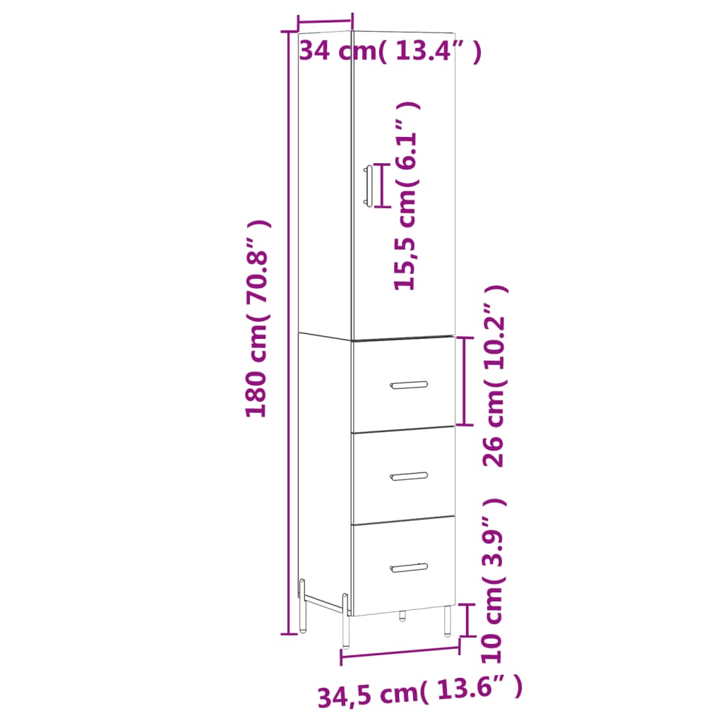 vidaXL Ντουλάπι Λευκό 34,5 x 34 x 180 εκ. από Επεξεργασμένο Ξύλο