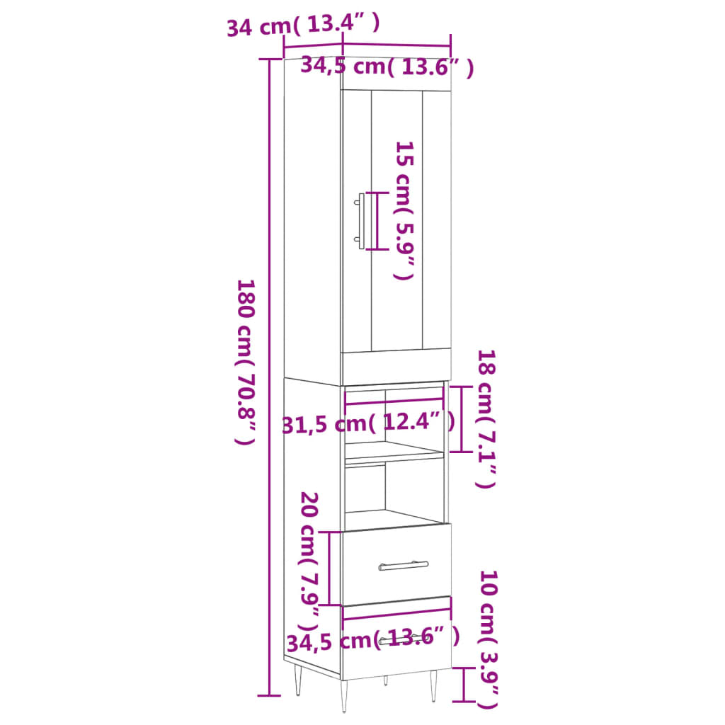 vidaXL Ντουλάπι Μαύρο 34,5 x 34 x 180 εκ. από Επεξεργασμένο Ξύλο