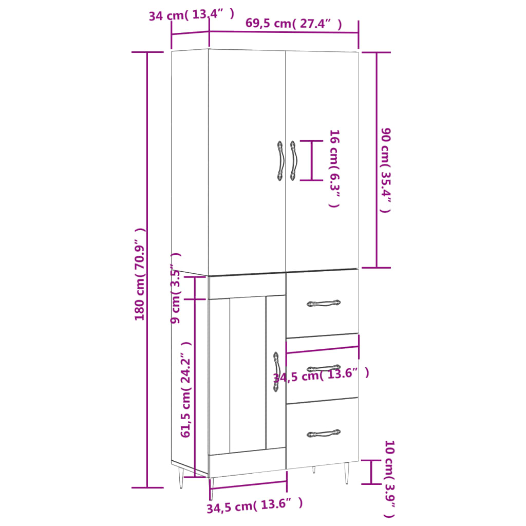 vidaXL Ντουλάπι Γυαλιστερό Λευκό 69,5x34x180 εκ. Επεξεργασμένο Ξύλο