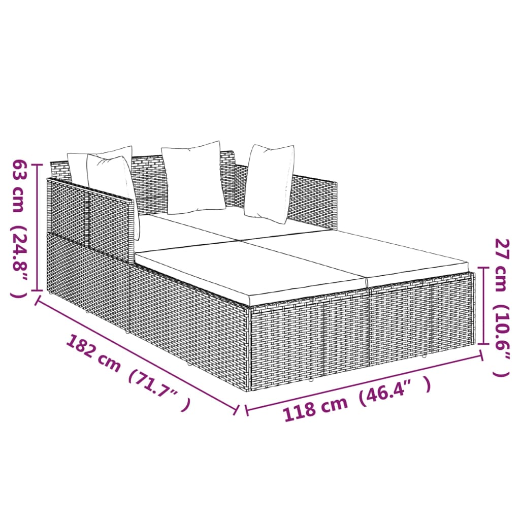 vidaXL Ξαπλώστρα με Μαξιλάρια Καφέ 182 x 118 x 63 εκ. Συνθετικό Ρατάν