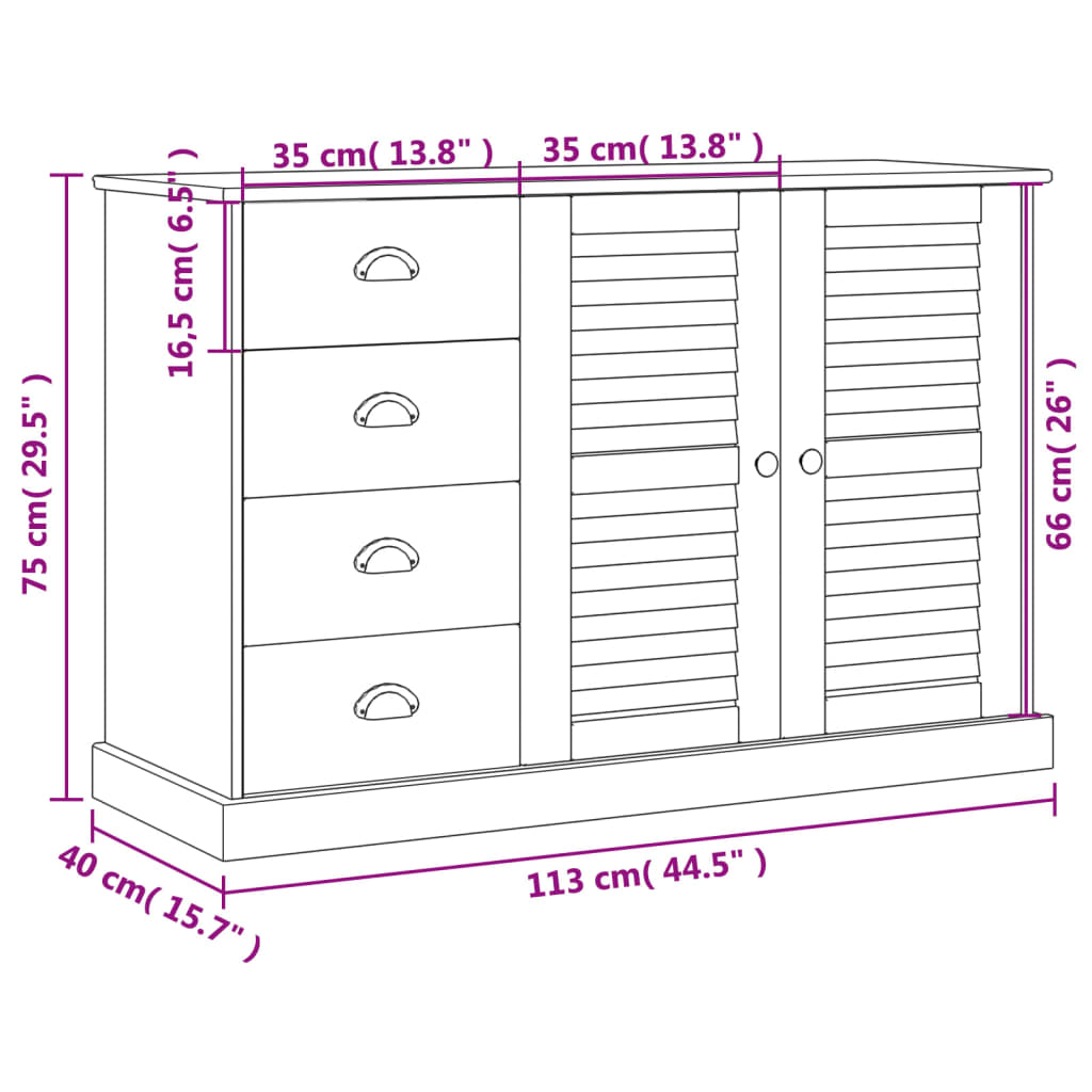 vidaXL Μπουφές με Συρτάρια VIGO Λευκό 113x40x75 εκ. Μασίφ Ξύλο Πεύκου