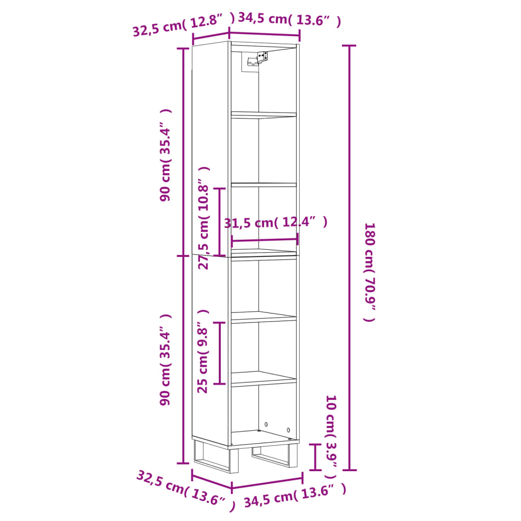 vidaXL Ντουλάπι Γκρι Σκυρ. 34,5 x 32,5 x 180εκ. από Επεξεργασμένο ξύλο