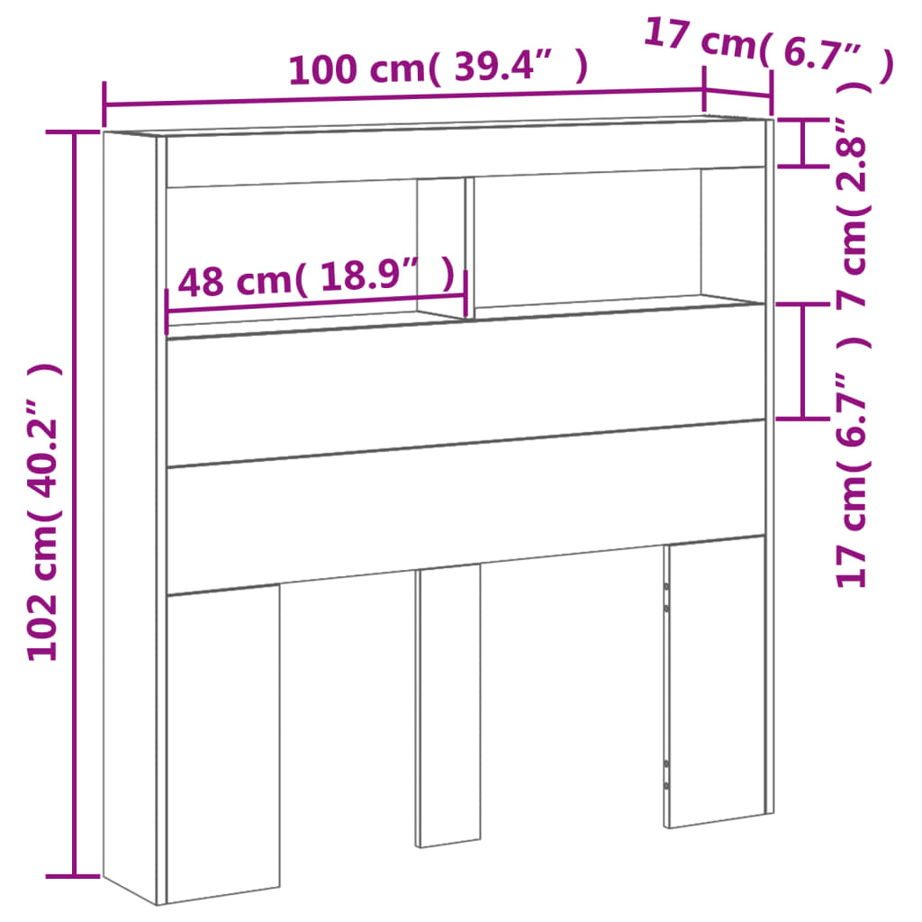 vidaXL Κεφαλάρι με Αποθηκ. Χώρο & LED Γκρι Σκυρ. 100x17x102 εκ.