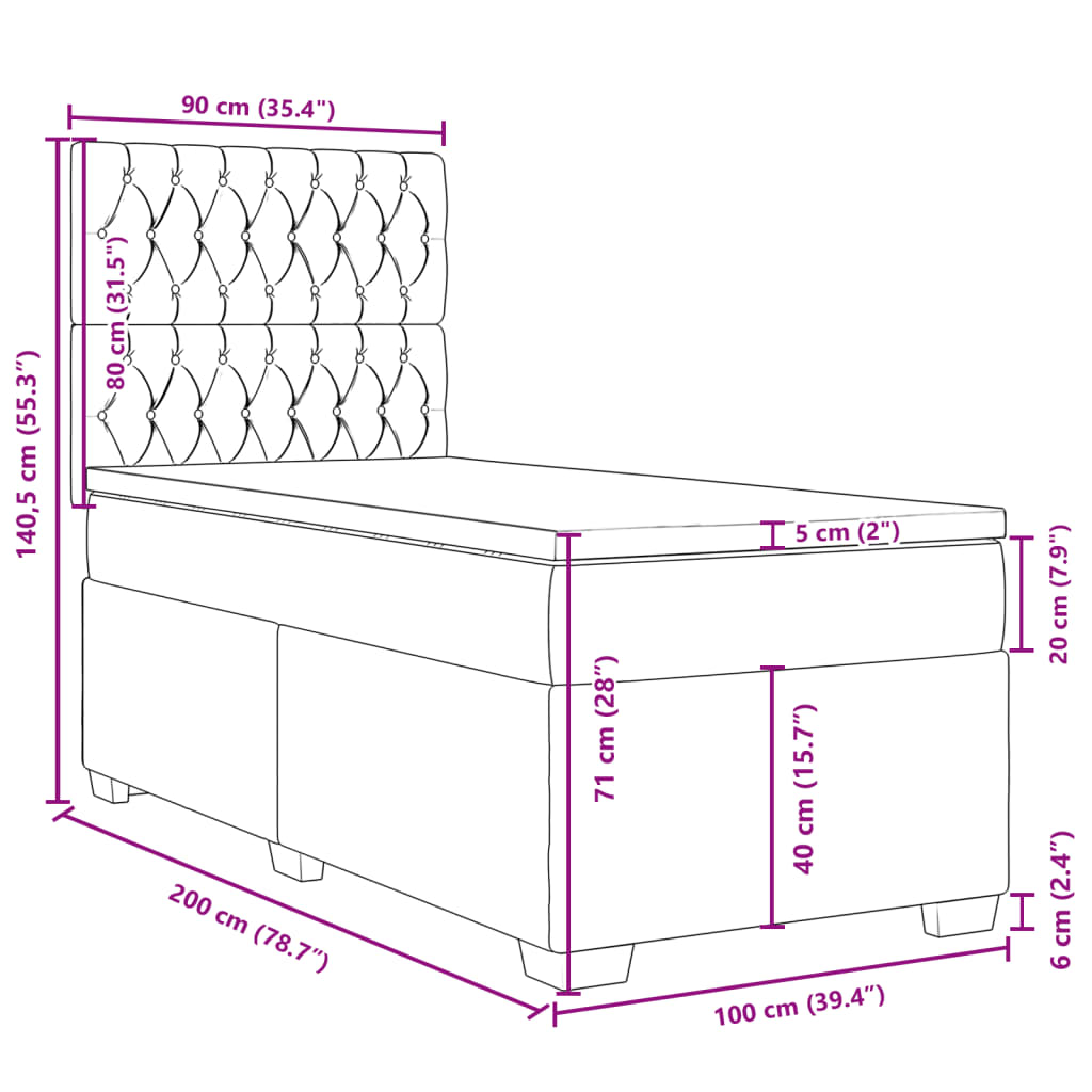 vidaXL Κρεβάτι Boxspring με Στρώμα Σκούρο Γκρι 100x200 εκ. Υφασμάτινο