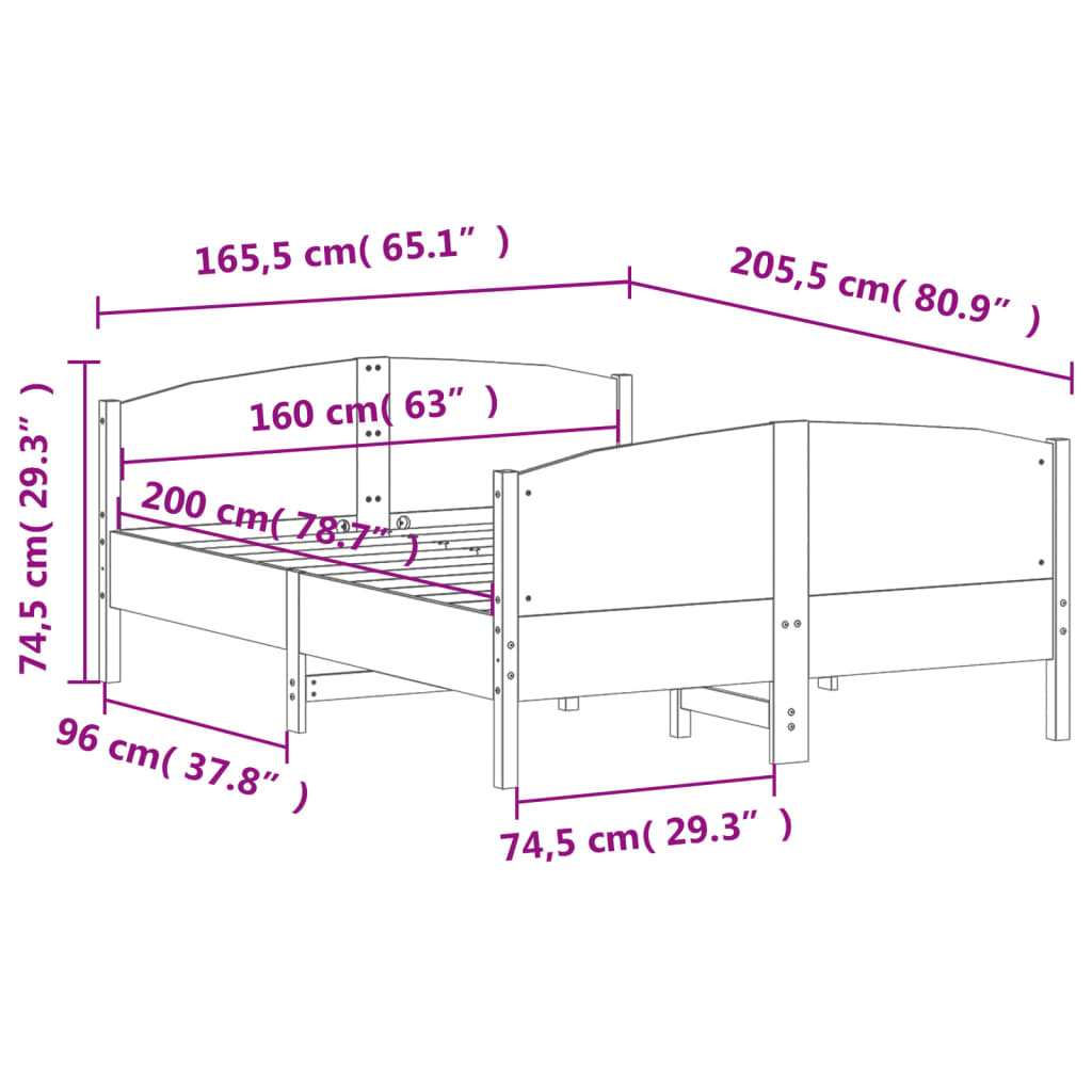 vidaXL Σκελετός Κρεβατιού Χωρίς Στρώμα 160x200 εκ Μασίφ Ξύλο Πεύκου