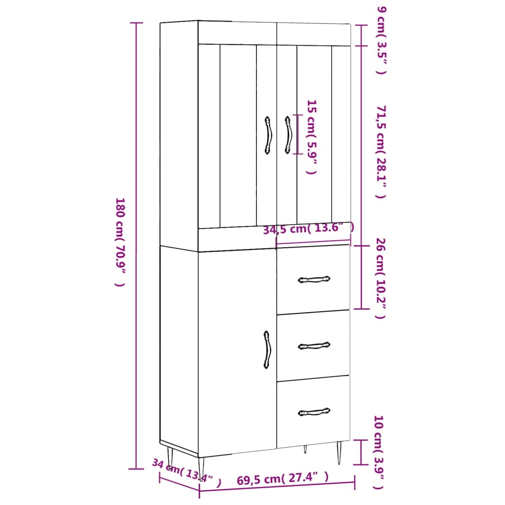 vidaXL Ντουλάπι Γκρι Sonoma 69,5 x 34 x 180 εκ. Επεξεργασμένο Ξύλο