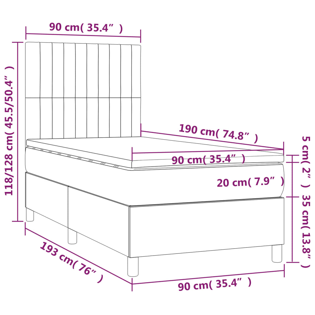 vidaXL Κρεβάτι Boxspring με Στρώμα Μαύρο 90x190 εκ.Υφασμάτινο