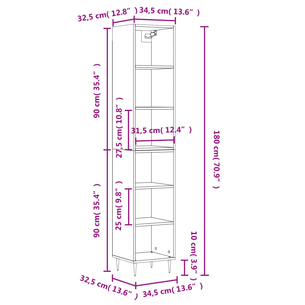 vidaXL Ντουλάπι Sonoma δρυς34,5 x 32,5 x 180 εκ.από Επεξεργασμένο ξύλο