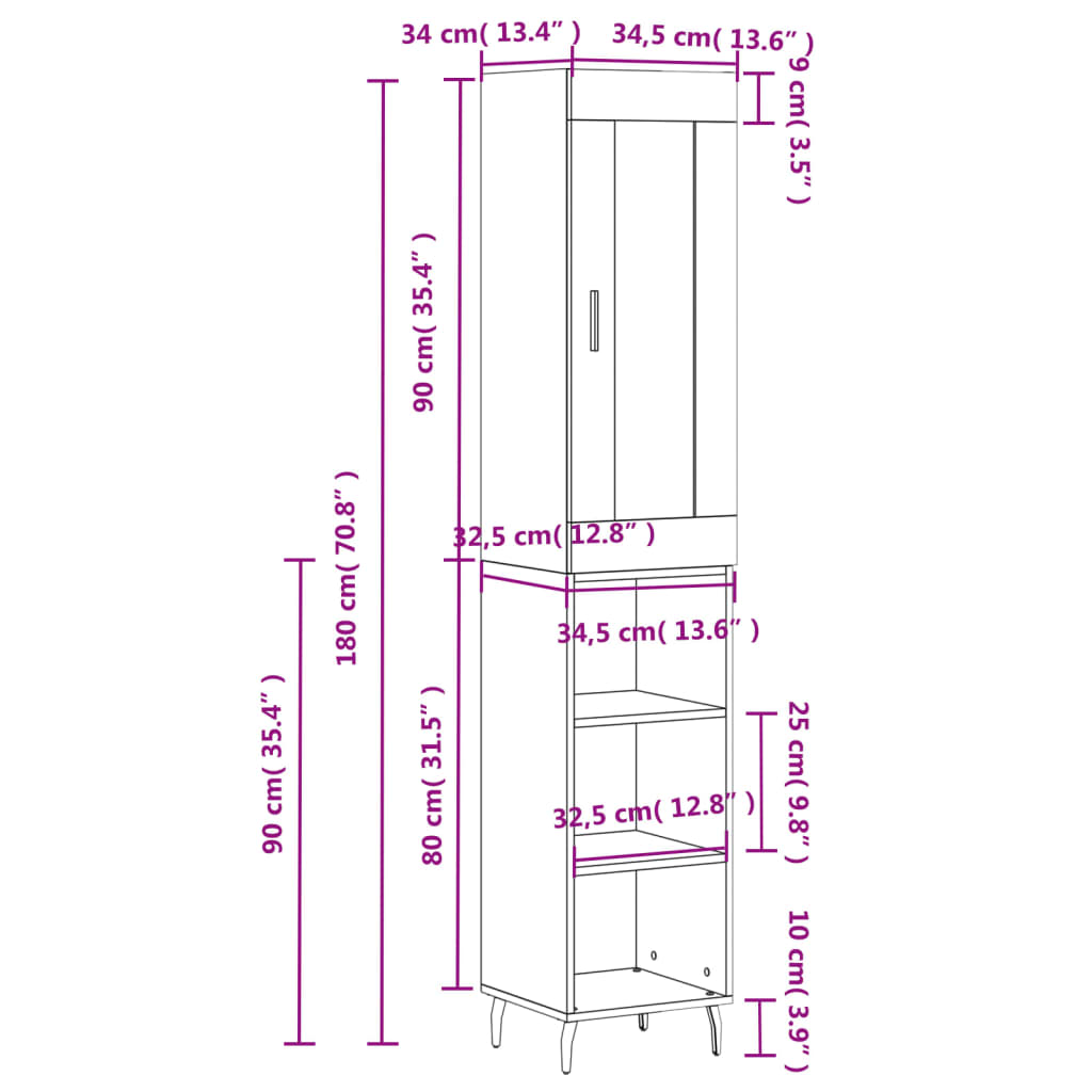 vidaXL Ντουλάπι Λευκό 34,5 x 34 x 180 εκ. από Επεξεργασμένο Ξύλο