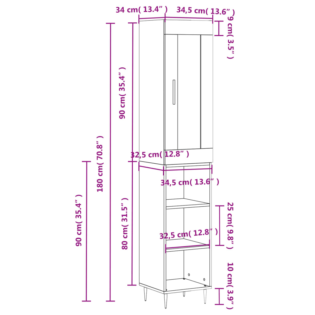 vidaXL Ντουλάπι Μαύρο 34,5 x 34 x 180 εκ. από Επεξεργασμένο Ξύλο