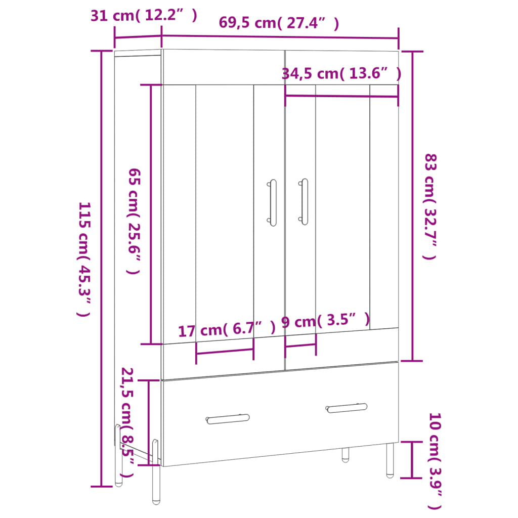 vidaXL Ντουλάπα Λευκή 69,5 x 31 x 115 εκ. από Επεξεργασμένο Ξύλο