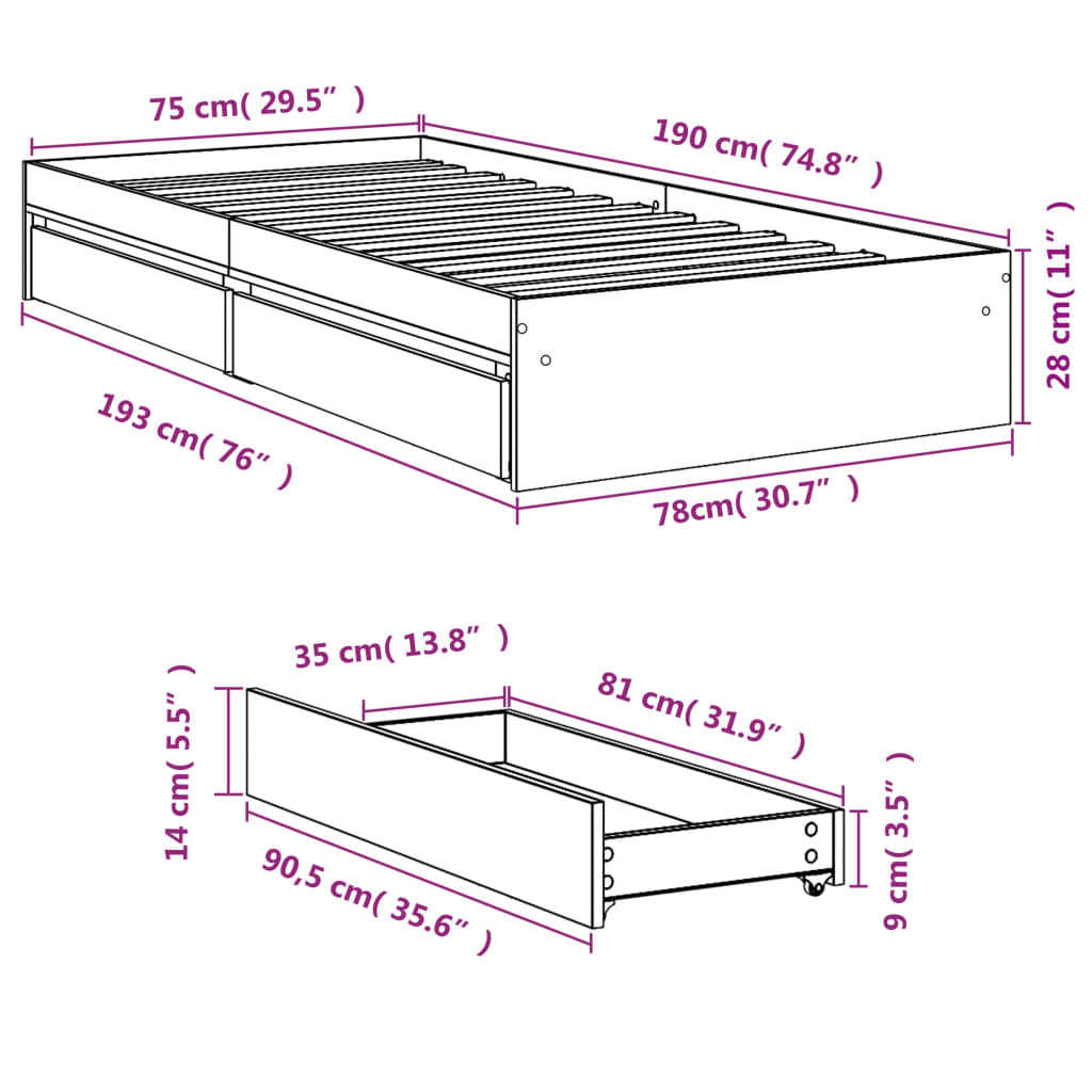 vidaXL Πλαίσιο Κρεβατιού με Συρτάρια Γκρι Sonoma 75x190 εκ. Επεξ. Ξύλο