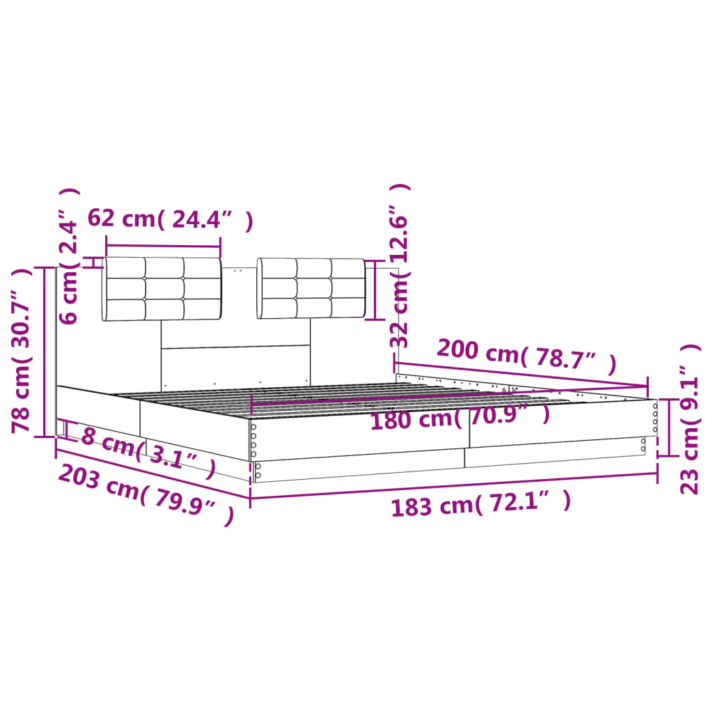 vidaXL Πλαίσιο Κρεβατιού με Κεφαλάρι Γκρι Sonoma 180x200εκ. Επεξ. Ξύλο