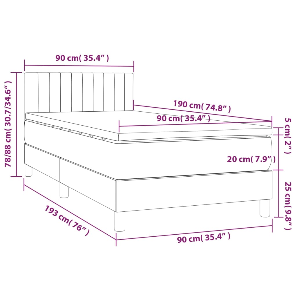 vidaXL Κρεβάτι Boxspring με Στρώμα & LED Μαύρο 90x190 εκ. Βελούδινο