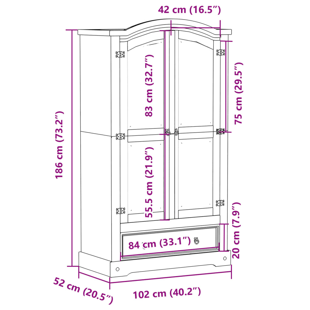 vidaXL Ντουλάπα Corona Λευκό 102x52x186 εκ. από Μασίφ Ξύλο Πεύκου