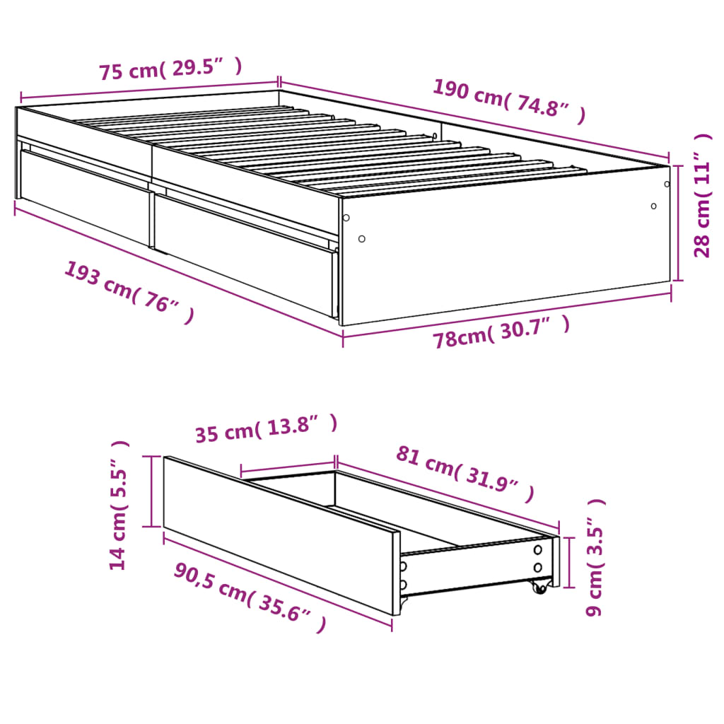 vidaXL Πλαίσιο Κρεβατιού με Συρτάρια Sonoma Δρυς 75x190 εκ. Επεξ. Ξύλο