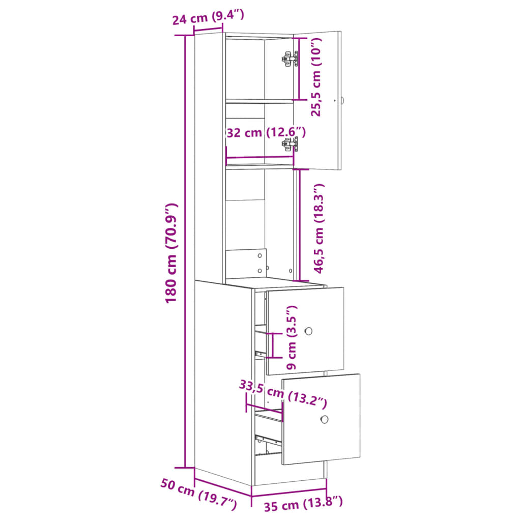 vidaXL Στήλη Κουζίνας Καφέ Δρυς 35x50x180 εκ. από Επεξεργασμένο Ξύλο