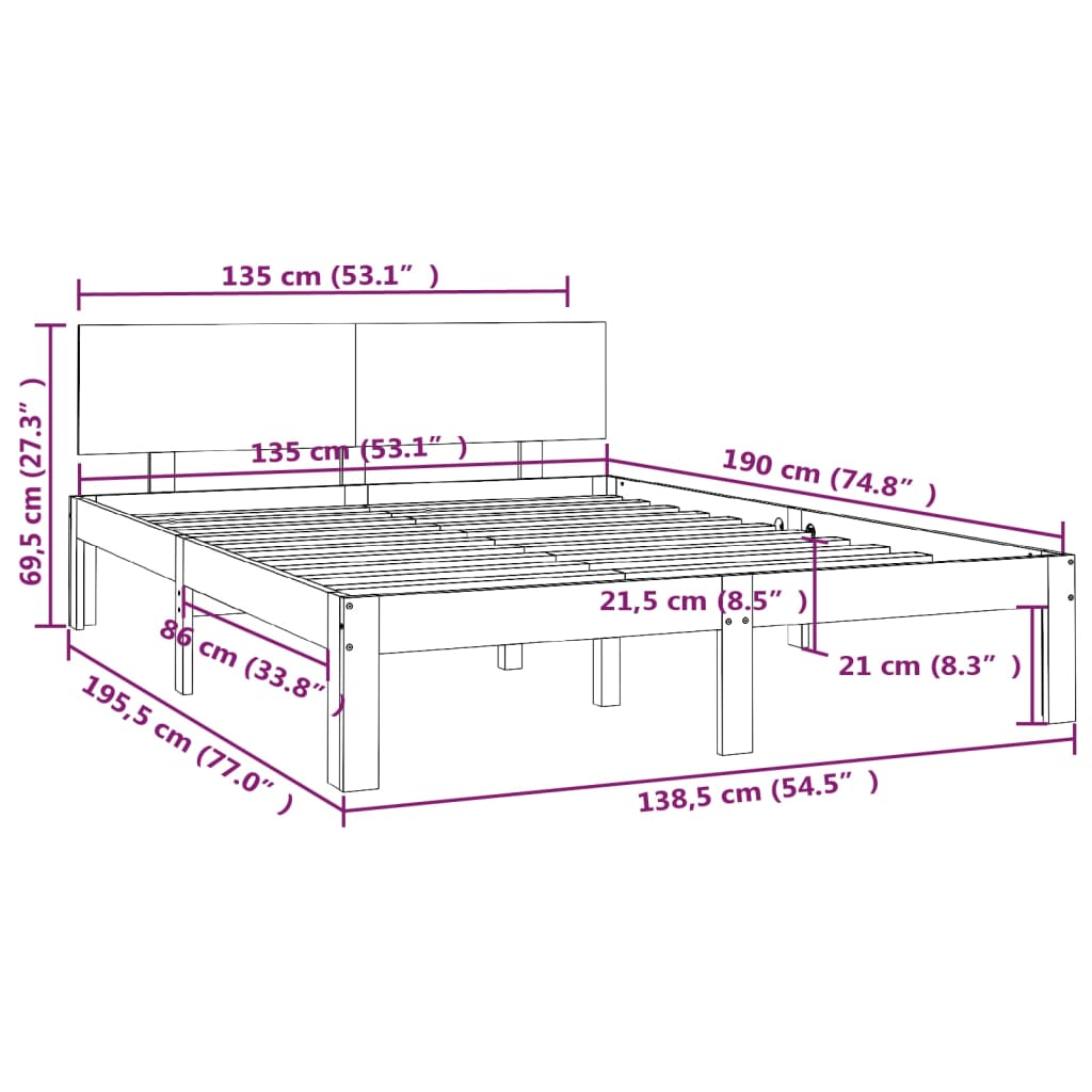 vidaXL Πλαίσιο Κρεβατιού Λευκό 135x190 εκ. από Μασίφ Ξύλο Double