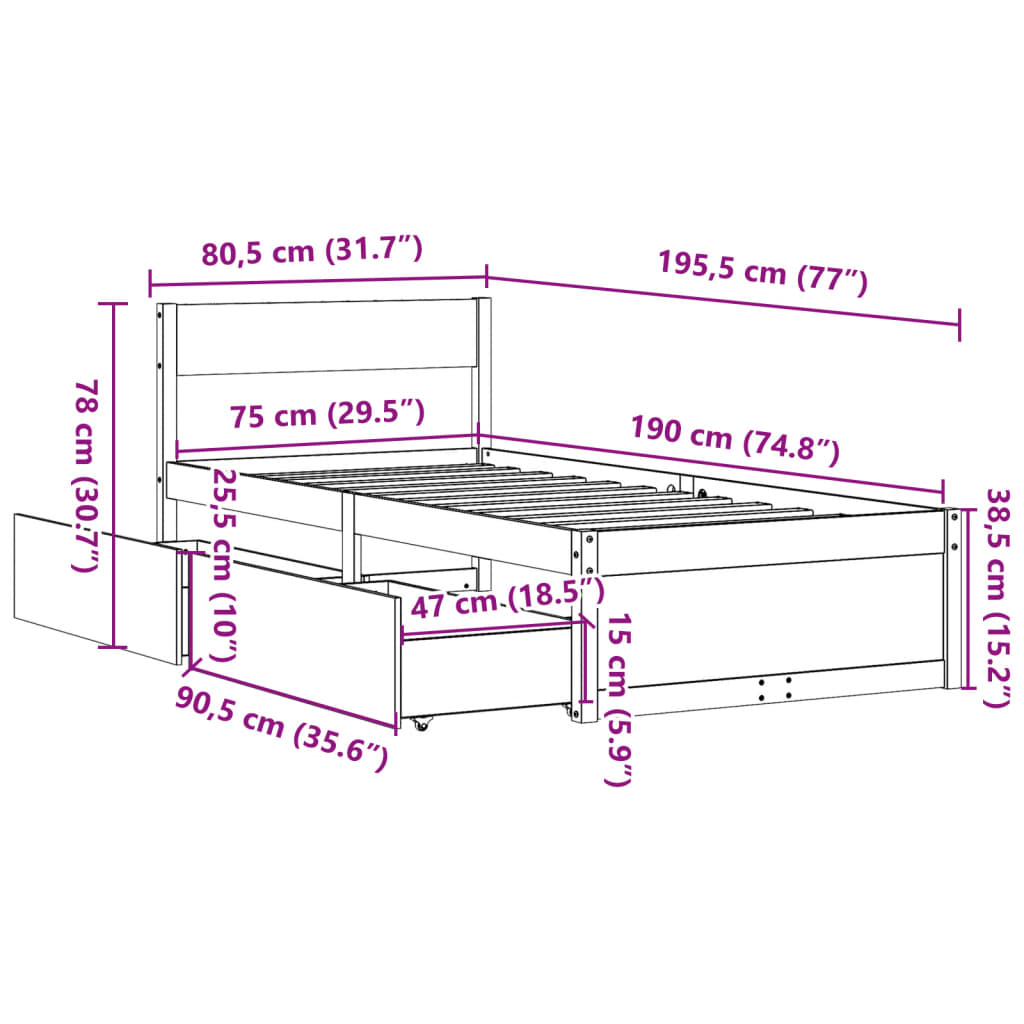 vidaXL Σκελετός Κρεβατιού Χωρίς Στρώμα 75x190 εκ Μασίφ Ξύλο Πεύκου