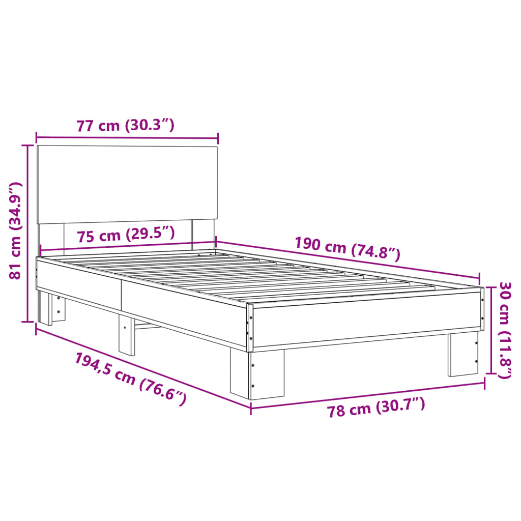 vidaXL Πλαίσιο Κρεβατιού Sonoma Δρυς 75 x 190 εκ. Επεξ. Ξύλο & Μέταλλο