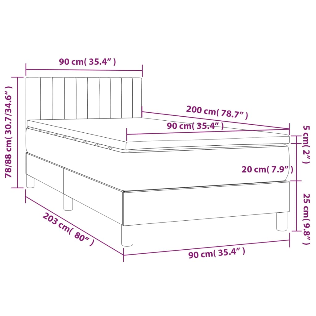 vidaXL Κρεβάτι Boxspring με Στρώμα & LED Taupe 90x200 εκ. Υφασμάτινο