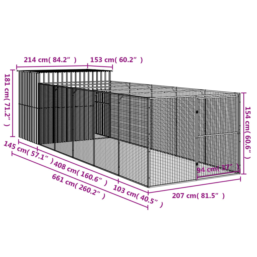 vidaXL Σπιτάκι Σκύλου με Αυλή Ανθρακί 214x661x181 εκ. Γαλβαν. Χάλυβας