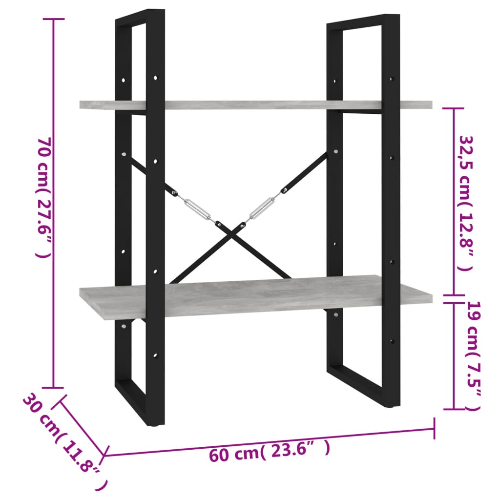 vidaXL Βιβλιοθήκη με 2 Ράφια Γκρι Σκυρ. 60 x 30 x 70 εκ. Επεξ. Ξύλο