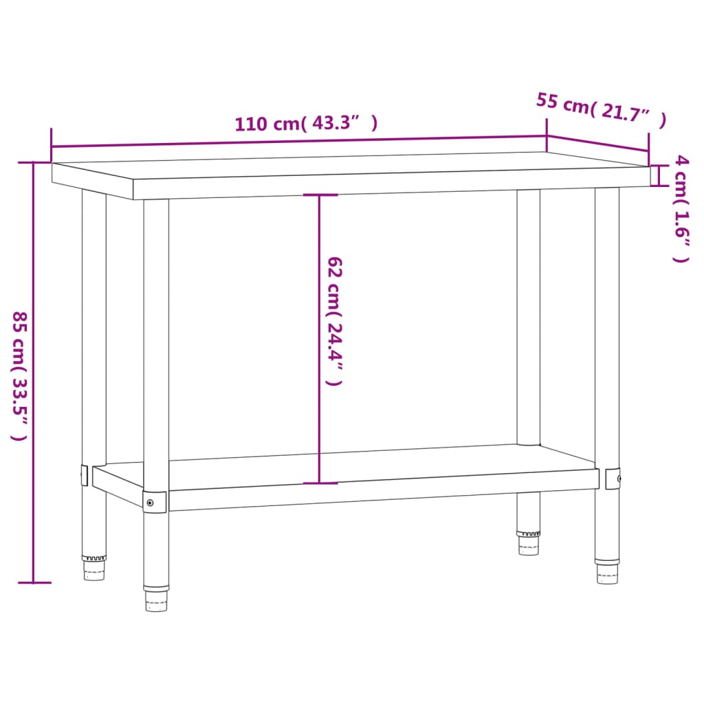 vidaXL Πάγκος Εργασίας Κουζίνας 110x55x85 εκ. από Ανοξείδωτο Ατσάλι