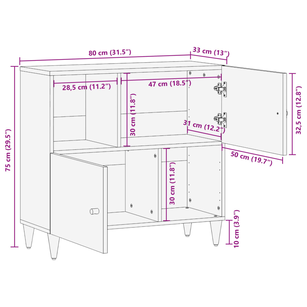 vidaXL Βοηθητικό Ντουλάπι 80 x 33 x 75 εκ. από Μασίφ Ξύλο Μάνγκο