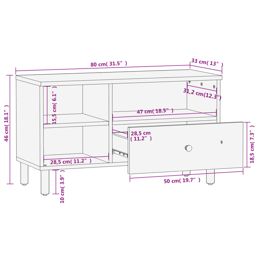 vidaXL Έπιπλο Τηλεόρασης Μαύρο 80 x 33 x 46 εκ. από Μασίφ Ξύλο Μάνγκο