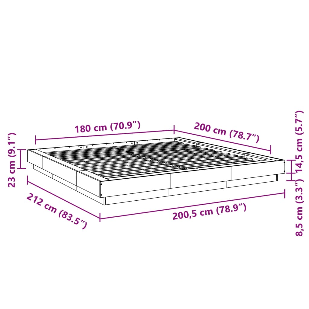 vidaXL Πλαίσιο Κρεβατιού με LED Γκρι Σκυρ. 180x200 εκ. Επεξ. Ξύλο