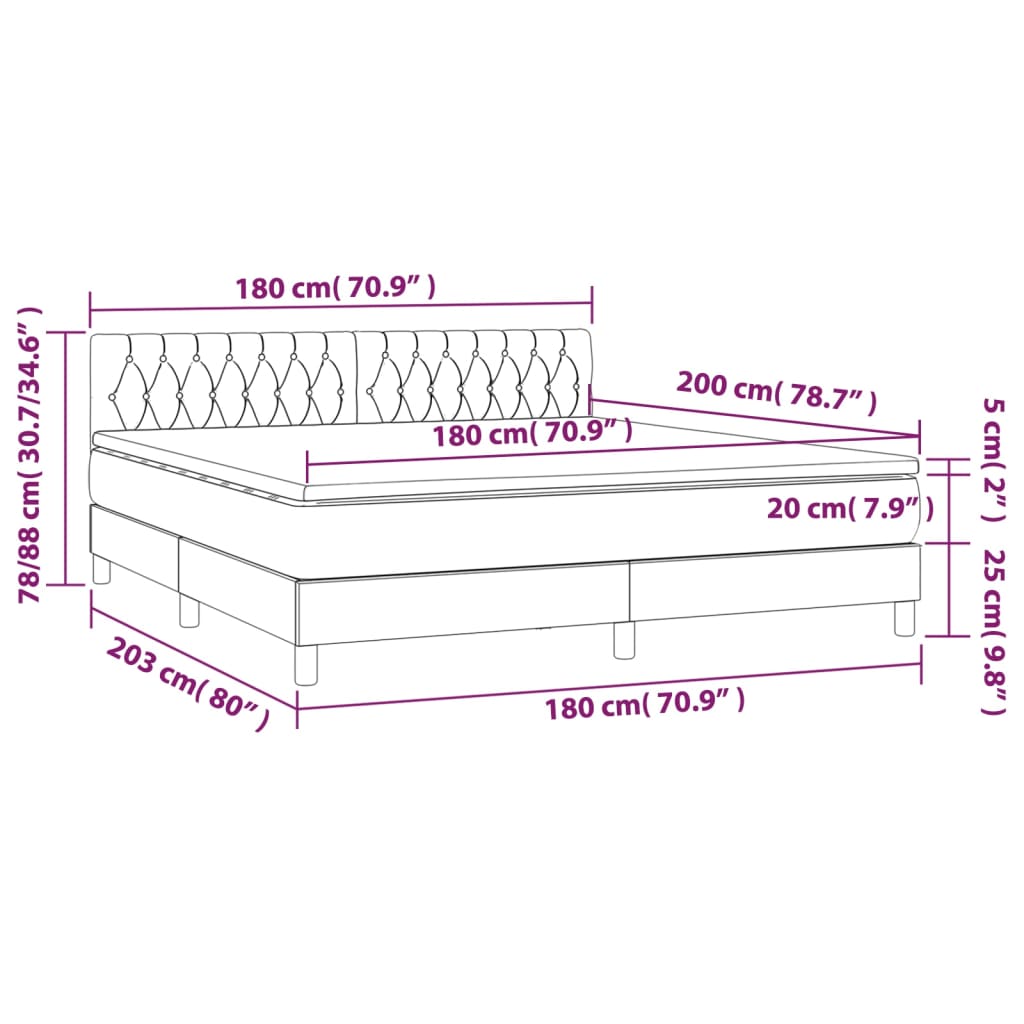 vidaXL Κρεβάτι Boxspring με Στρώμα & LED Μπλε 180x200 εκ. Υφασμάτινο