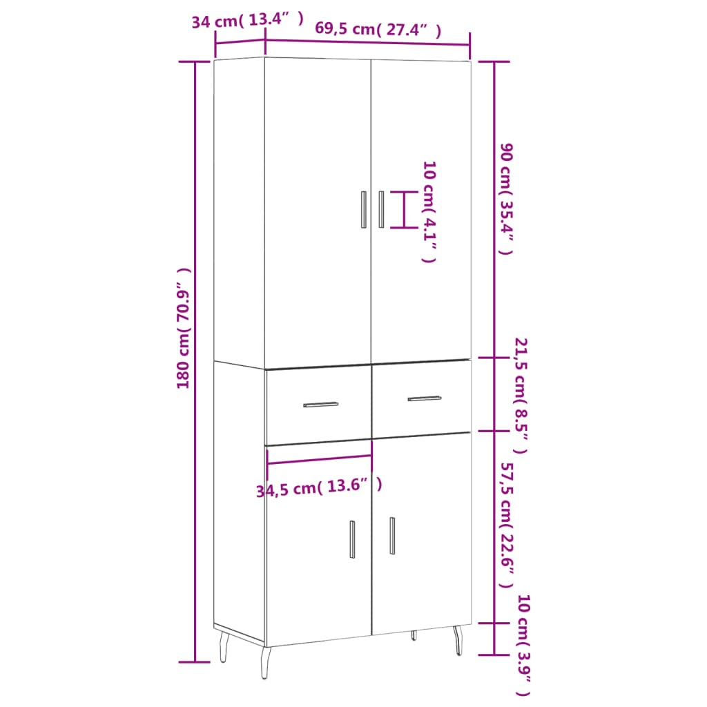 vidaXL Ντουλάπι Γκρι Σκυροδέματος 69,5x34x180 εκ. Επεξεργασμένο Ξύλο