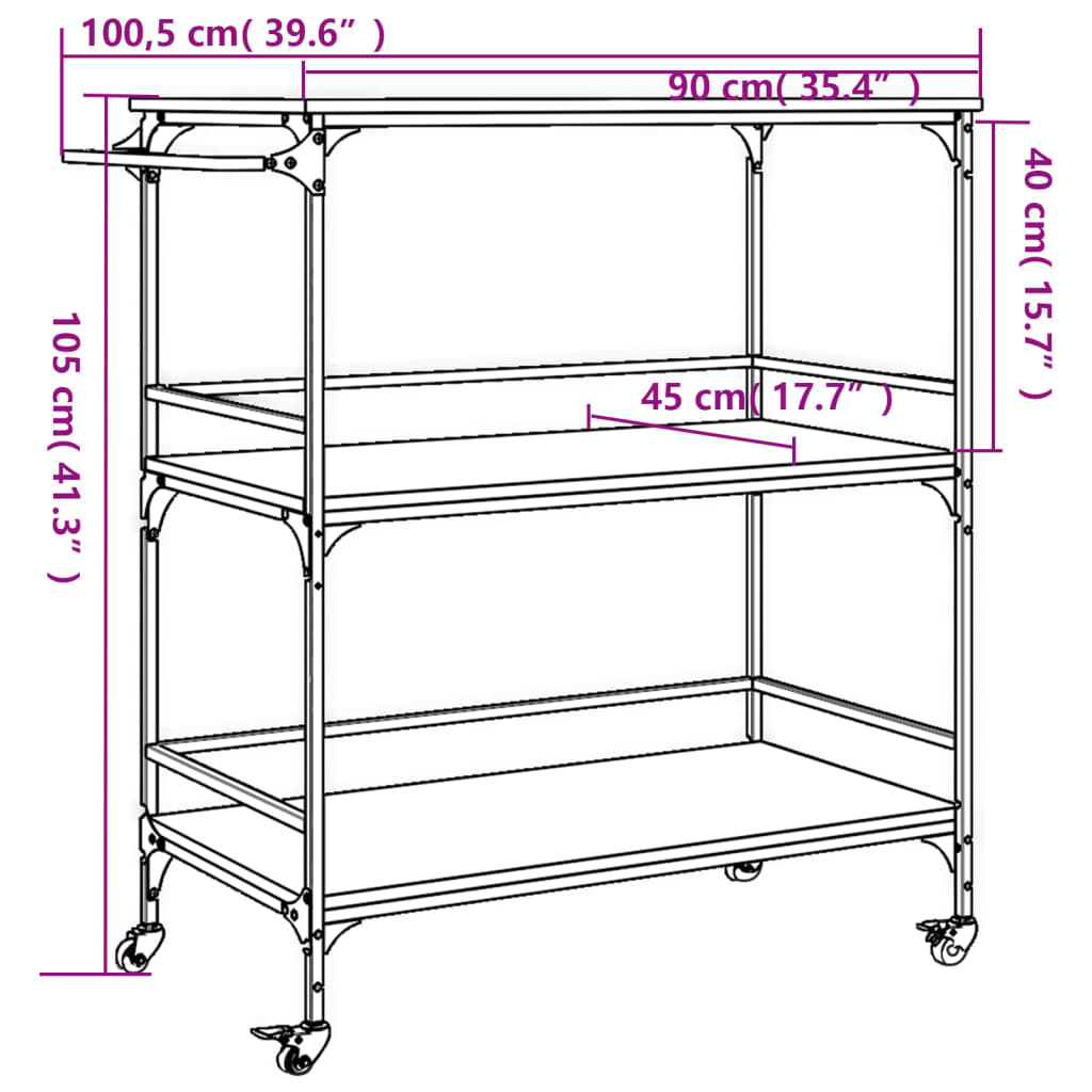 vidaXL Τρόλεϊ Κουζίνας Καφέ Δρυς 100,5x50x105 εκ. Επεξεργασμένο Ξύλο