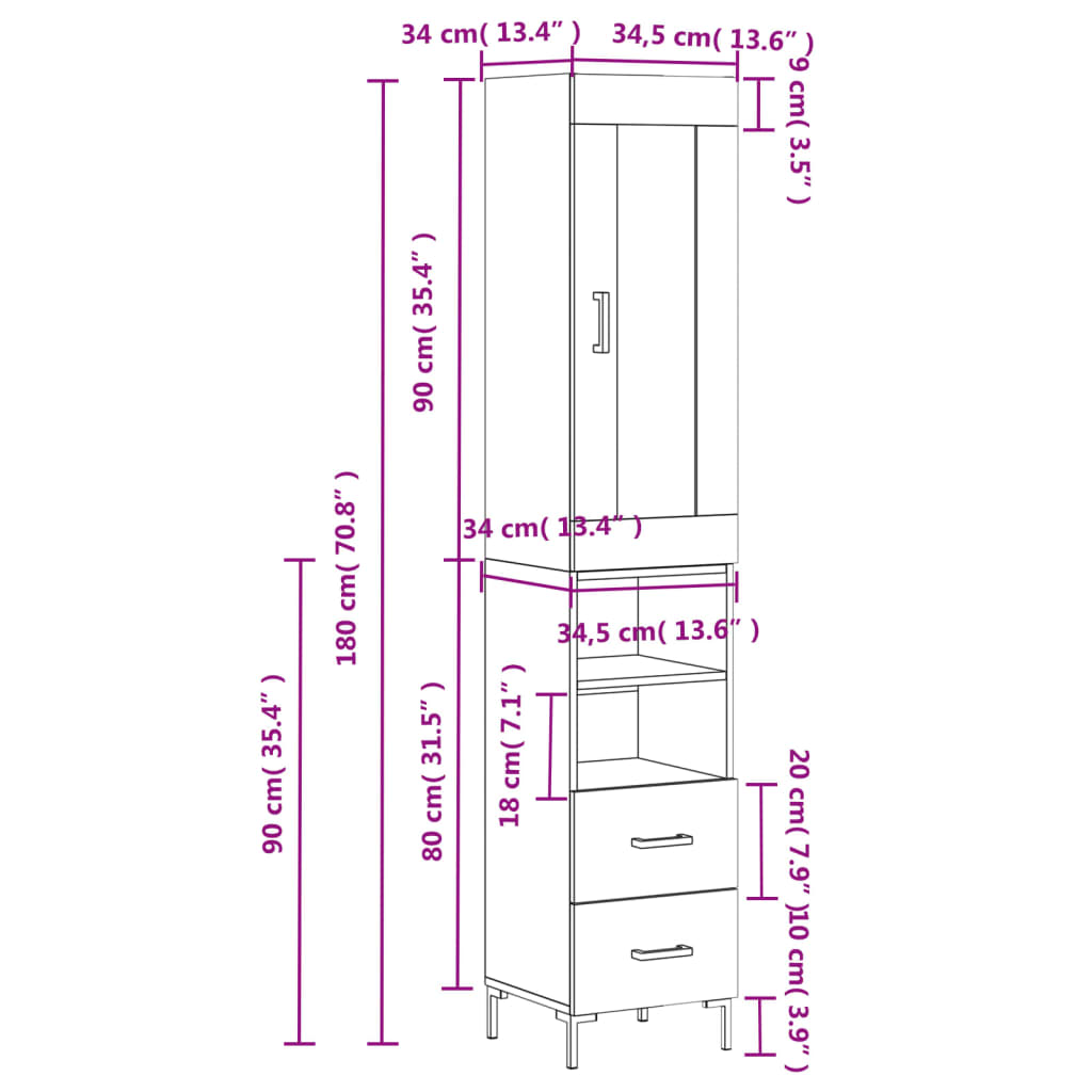 vidaXL Ντουλάπι Λευκό 34,5 x 34 x 180 εκ. από Επεξεργασμένο Ξύλο