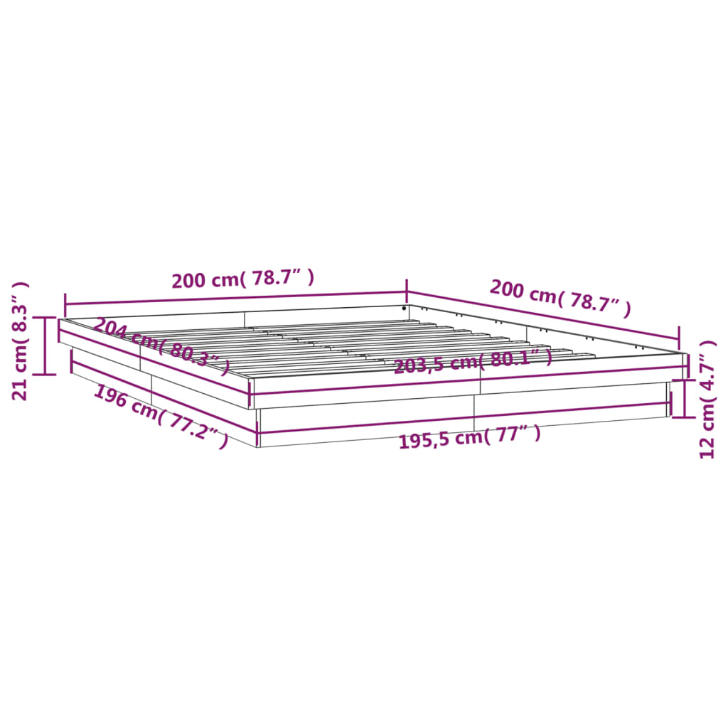 vidaXL Πλαίσιο Κρεβατιού LED Καφέ Κεριού 200x200 εκ. Μασίφ Ξύλο Πεύκου