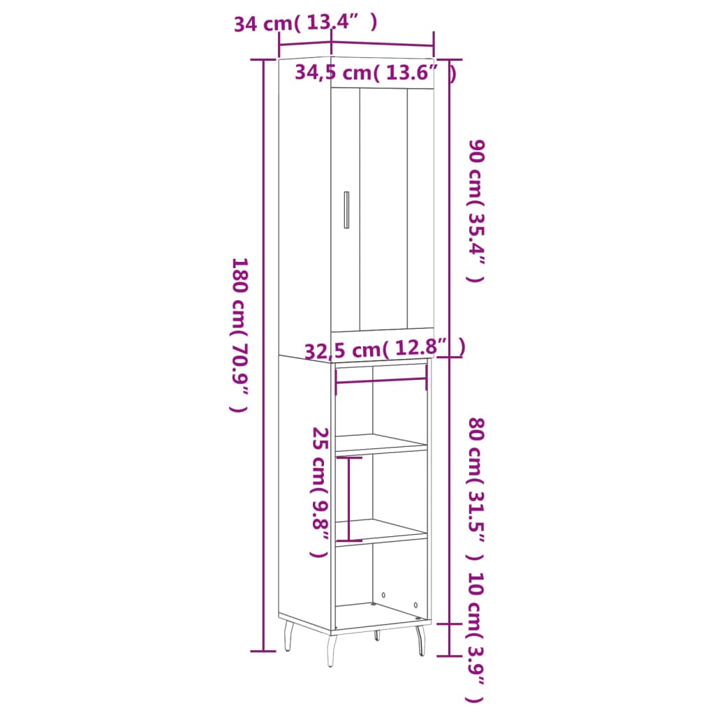 vidaXL Ντουλάπι Μαύρο 34,5 x 34 x 180 εκ. από Επεξεργασμένο Ξύλο