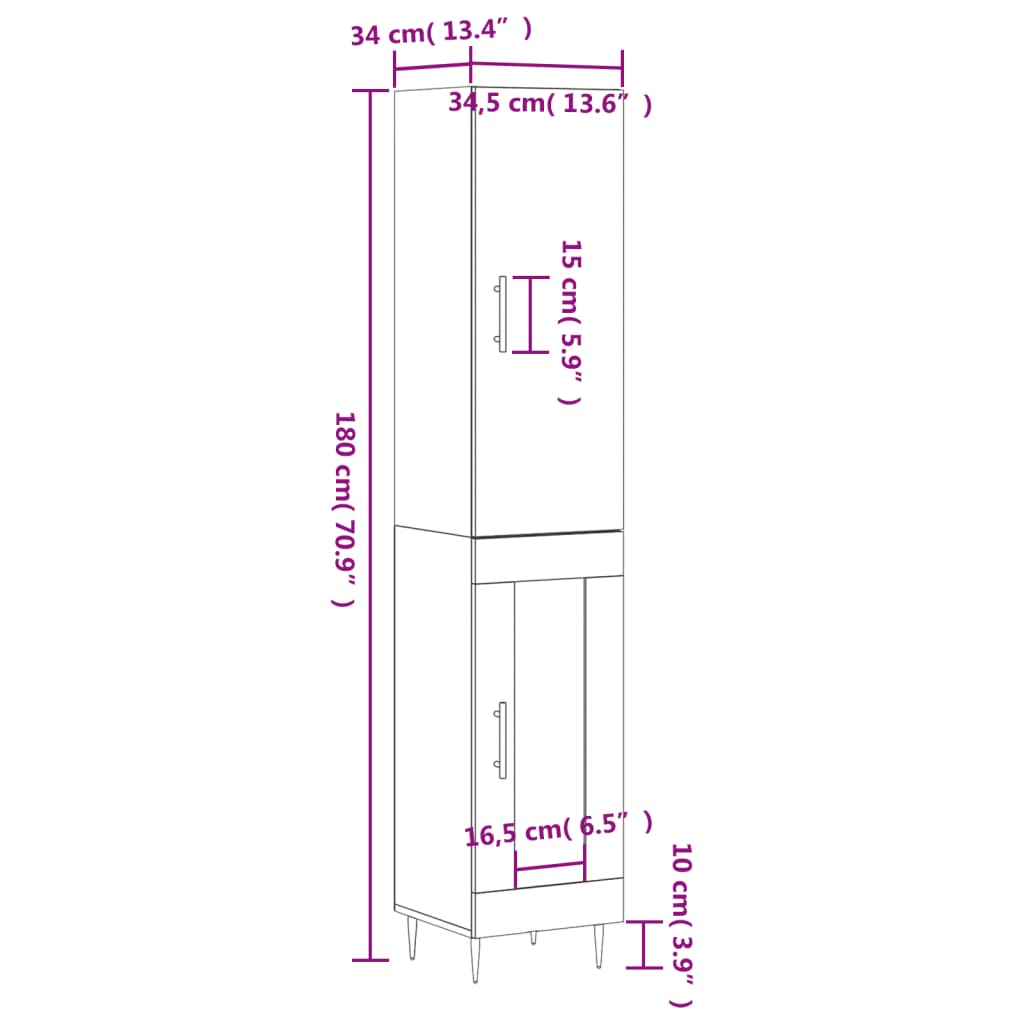 vidaXL Ντουλάπι Γυαλ. Λευκό 34,5 x 34 x 180 εκ. από Επεξεργασμένο Ξύλο