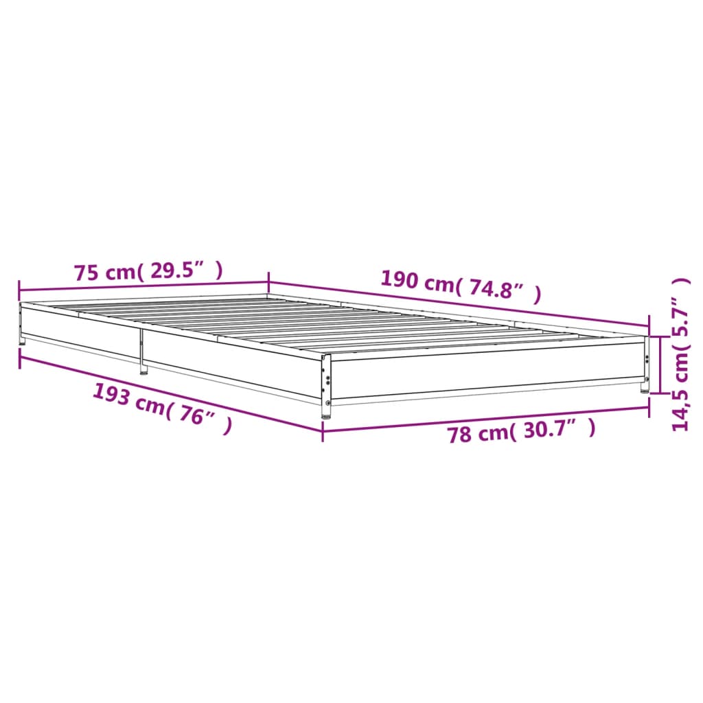 vidaXL Πλαίσιο Κρεβατιού Γκρι Sonoma 75x190 εκ. Επεξ. Ξύλο & Μέταλλο