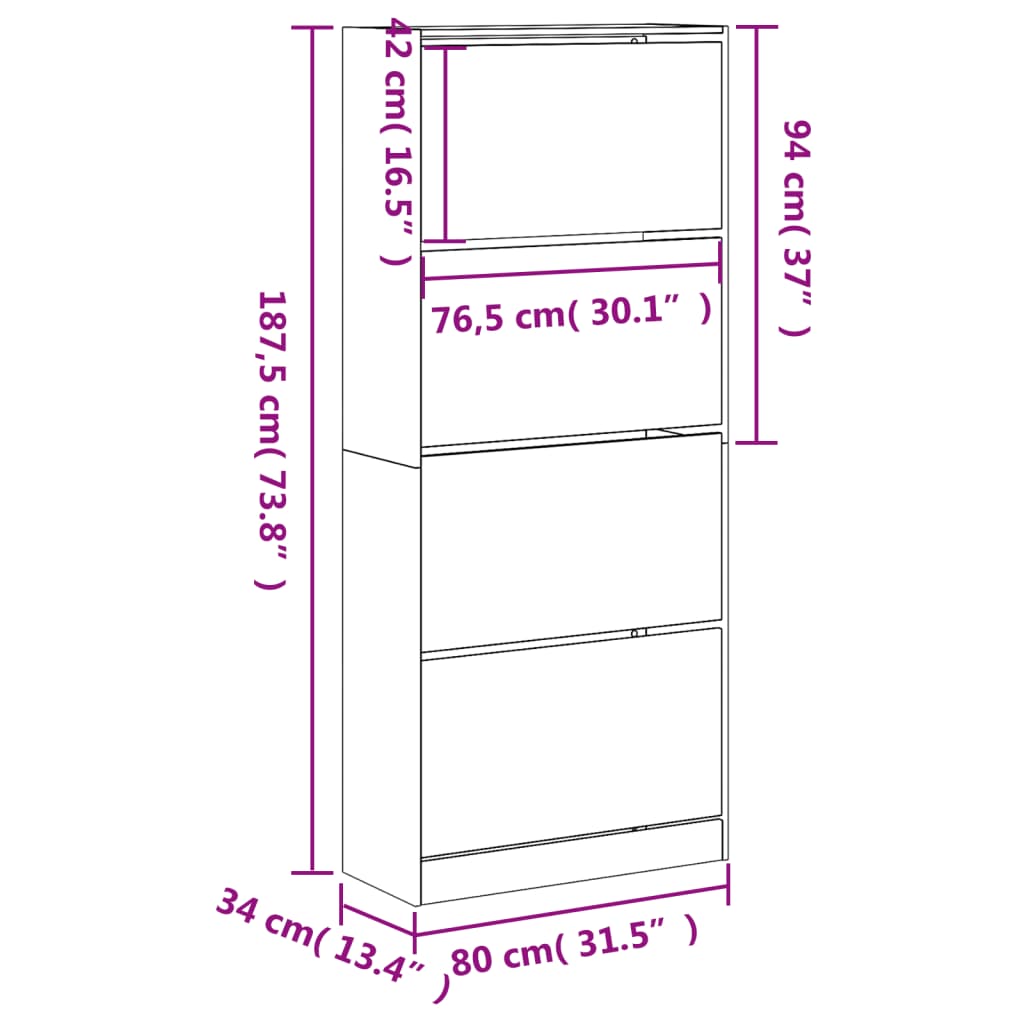 vidaXL Παπουτσοθήκη με 4 Ανακλ. Συρτάρια Sonoma Δρυς 80x34x187,5 εκ.