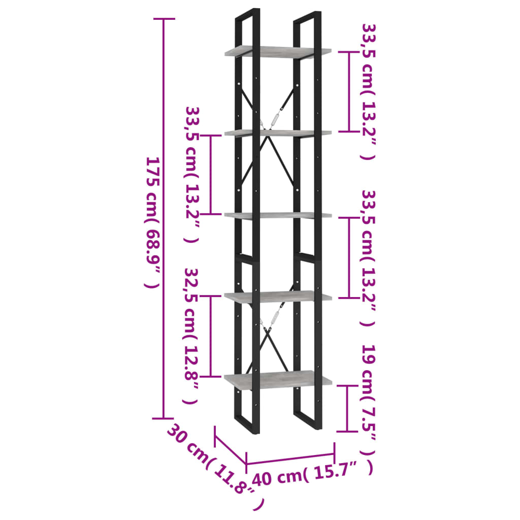 vidaXL Βιβλιοθήκη με 5 Ράφια Γκρι Σκυρ. 40 x 30 x 175 εκ. Επεξ. Ξύλο