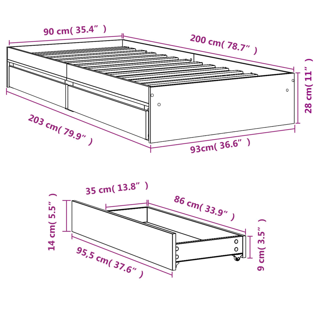 vidaXL Πλαίσιο Κρεβατιού με συρτάρια Sonoma Δρυς 90x200εκ. Επεξ. Ξύλο