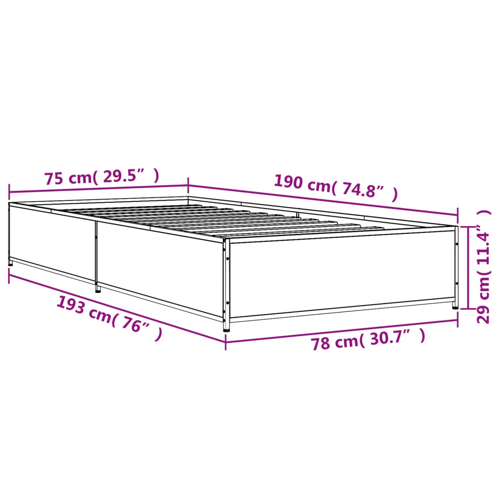 vidaXL Πλαίσιο Κρεβατιού Sonoma Δρυς 75 x 190 εκ. Επεξ. Ξύλο & Μέταλλο