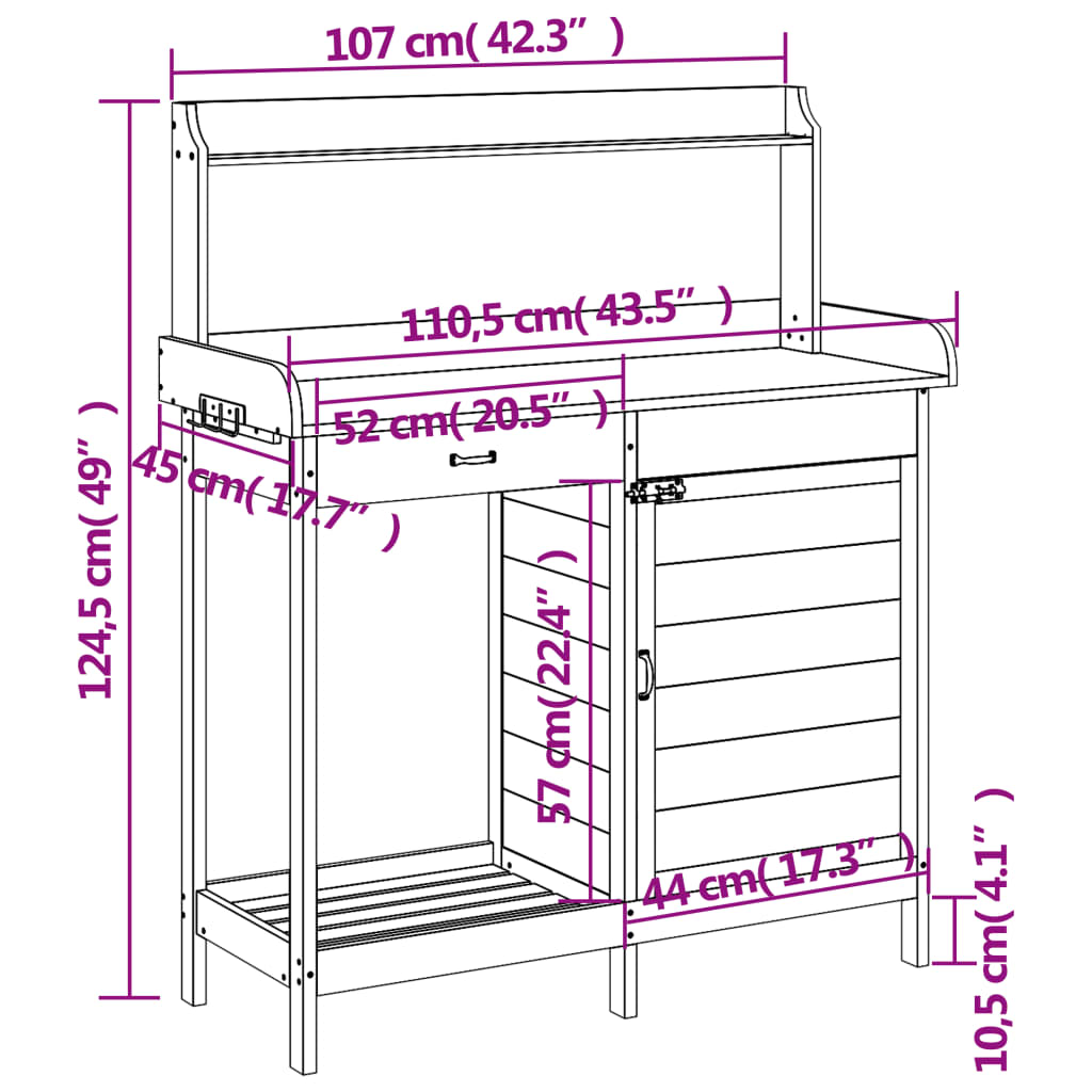 vidaXL Τραπέζι για Γλάστρες με Ντουλάπι 110,5x45x124,5 εκ. Μασίφ Ελάτη