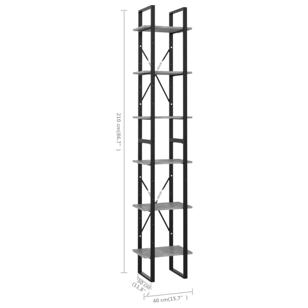 vidaXL Βιβλιοθήκη με 6 Ράφια Γκρι Σκυροδέματος 40x30x210εκ Επεξ. Ξύλο