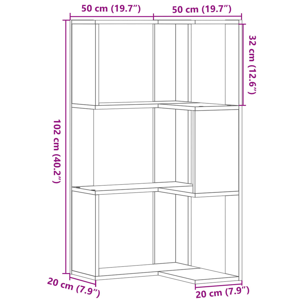 vidaXL Βιβλιοθήκη Γωνιακή 3 Επ. Γκρι Sonoma 50x50x102εκ Επεξ. Ξύλο