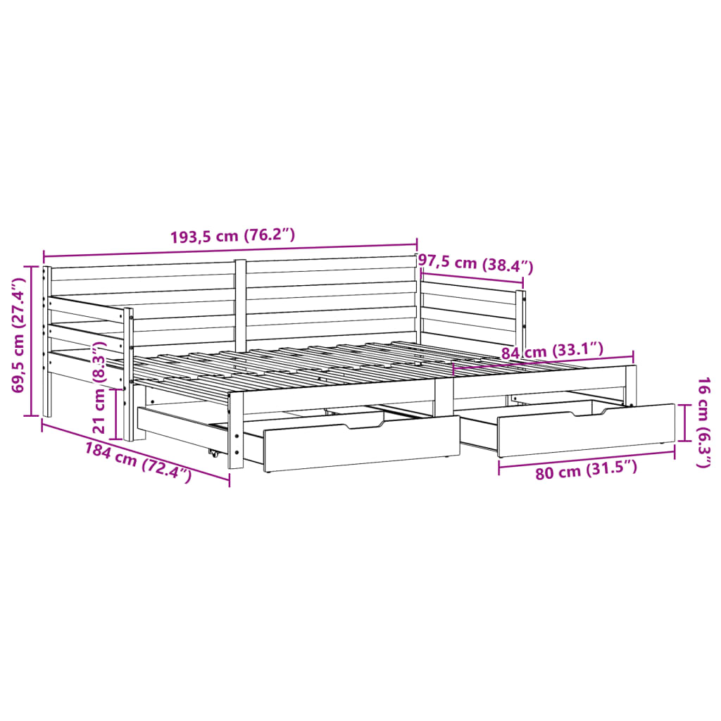 vidaXL Καναπές Κρεβάτι Συρόμενος Χωρίς Στρώμα 90x190 εκ. & Συρτάρια